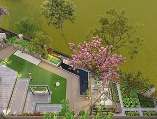 现代花园庭院景观 水池景墙 休闲座凳 灯具 阳光房 ...